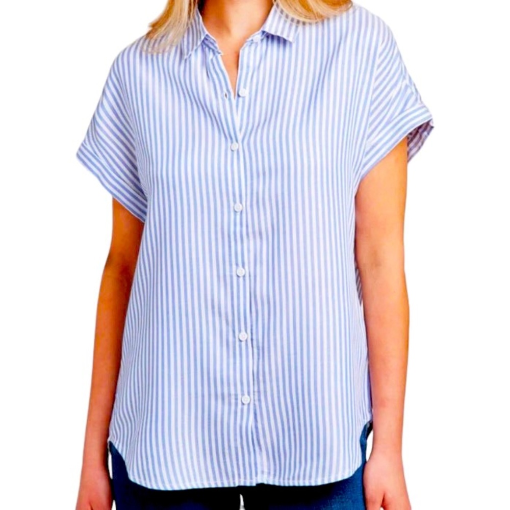Beachlunchlounge Mykonos Blue & White Stripe Spencer Shirt, Size Small